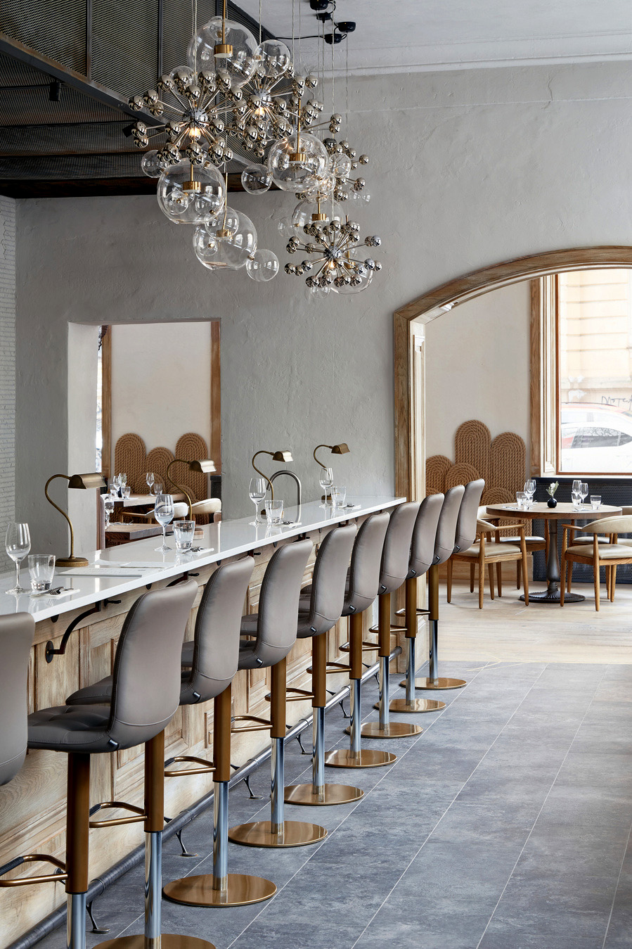 Designed by London-based Studio Caché, the restaurant demonstrates a refined sense of aesthetics inspired by the Baltic Sea coast.