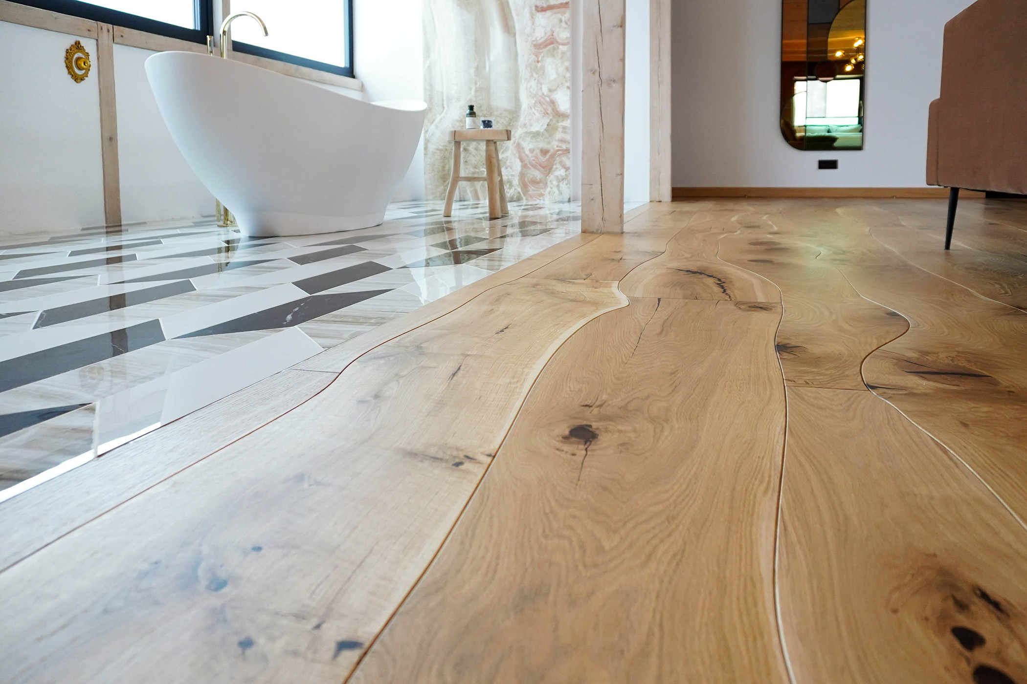 Curved Natural Oak flooring in Rustic Style - Exclusive Wood Flooring that Fits Together Like Puzzle Pieces. Bolefloor, curved flooring, luxury expensive Quiet flooring.